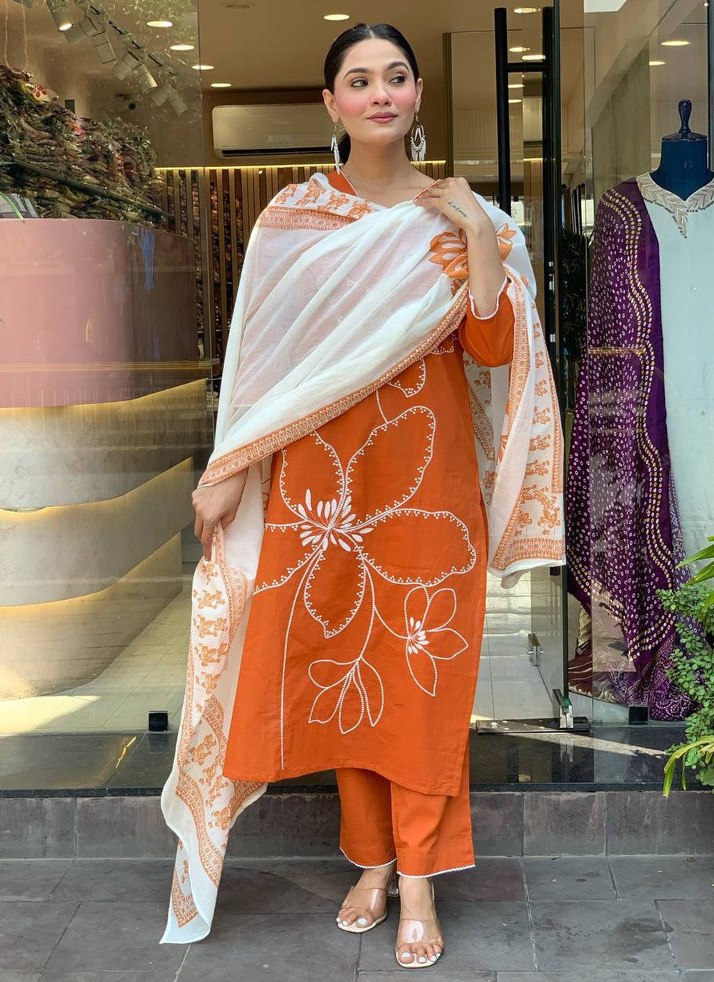 Pant Style Suit Embroidered, Printed Orange T7380