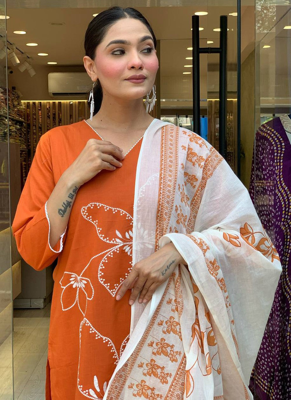 Pant Style Suit Embroidered, Printed Orange T7380