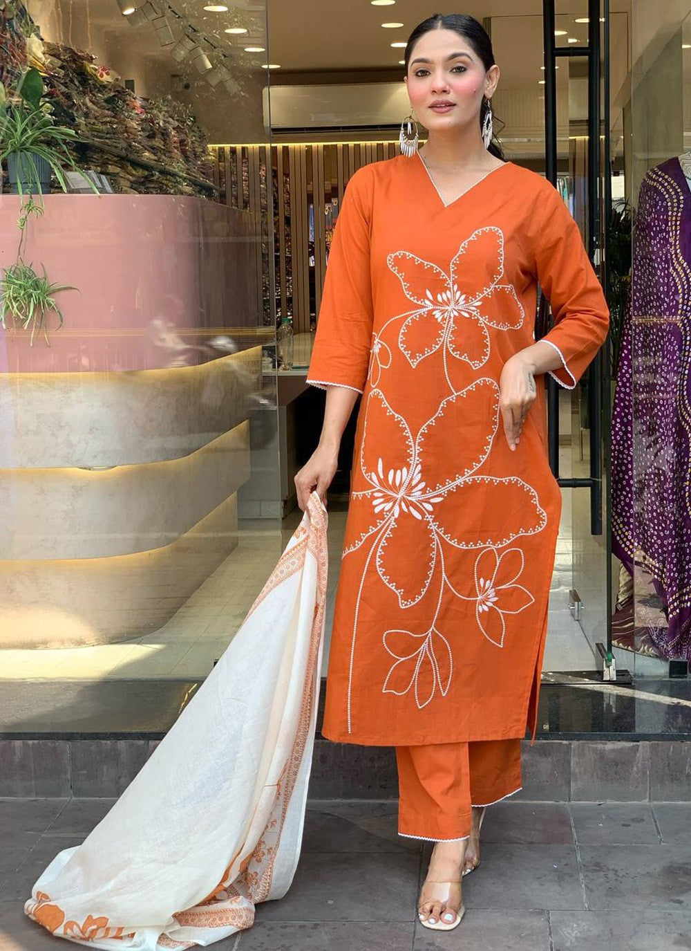 Pant Style Suit Embroidered, Printed Orange T7380
