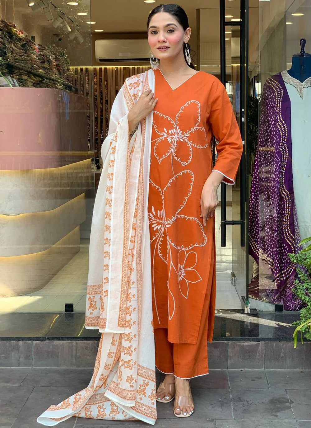 Pant Style Suit Embroidered, Printed Orange T7380