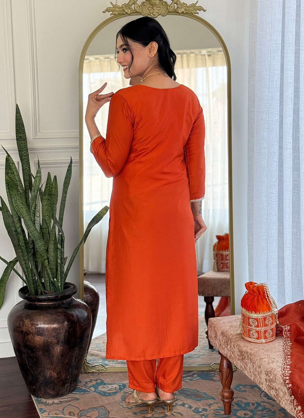 Embroidered Chinon Orange Salwar Suit T6102