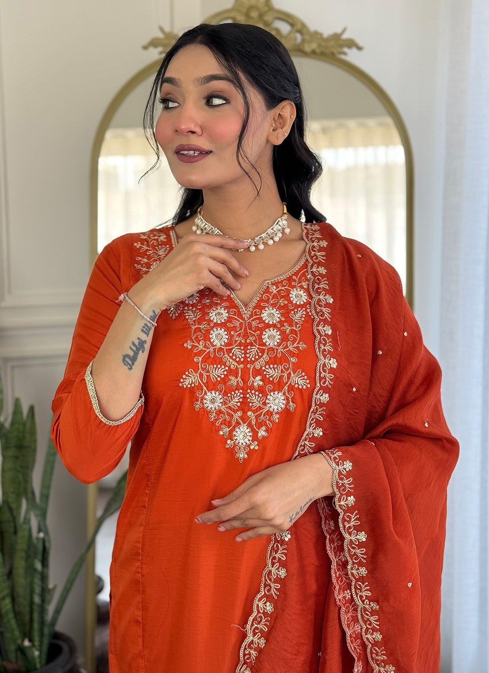 Embroidered Chinon Orange Salwar Suit T6102