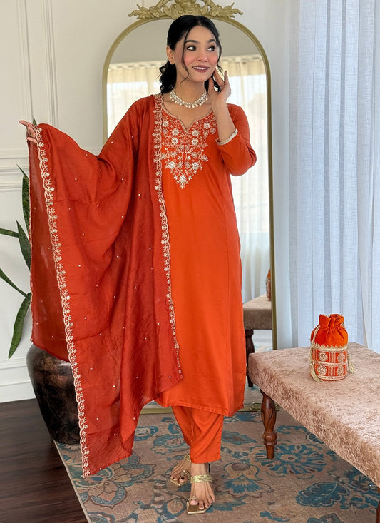 Embroidered Chinon Orange Salwar Suit T6102