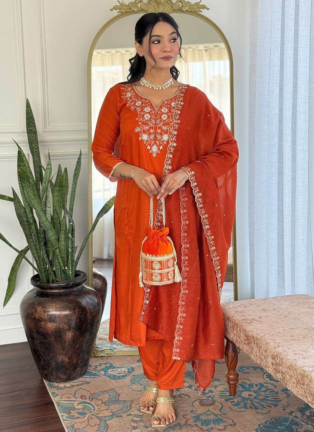 Embroidered Chinon Orange Salwar Suit T6102