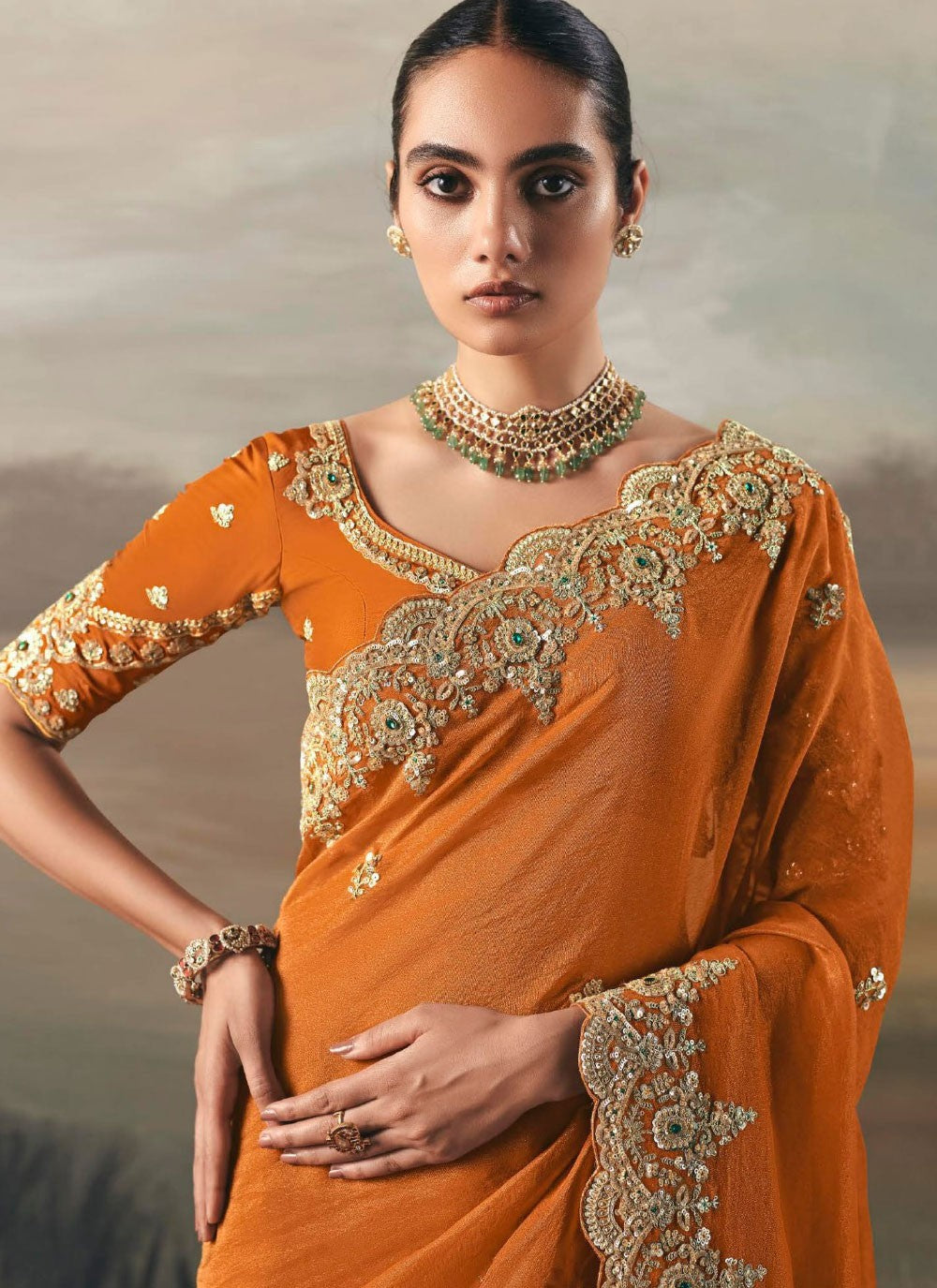 Orange Tissue Trendy Saree Embroidered, Resham, Thread S20410