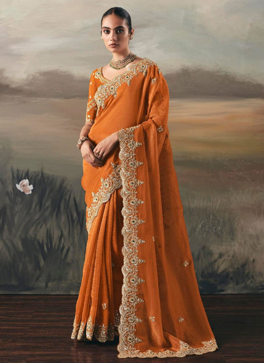 Orange Tissue Trendy Saree Embroidered, Resham, Thread S20410