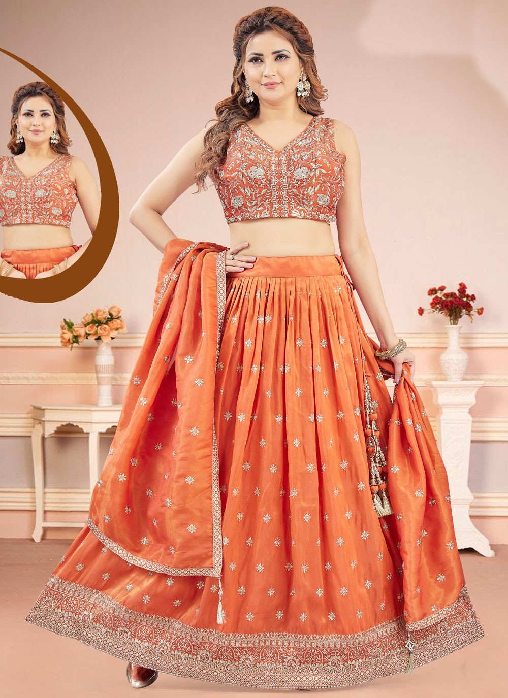 Embroidered Silk Orange Lehenga Choli L3465