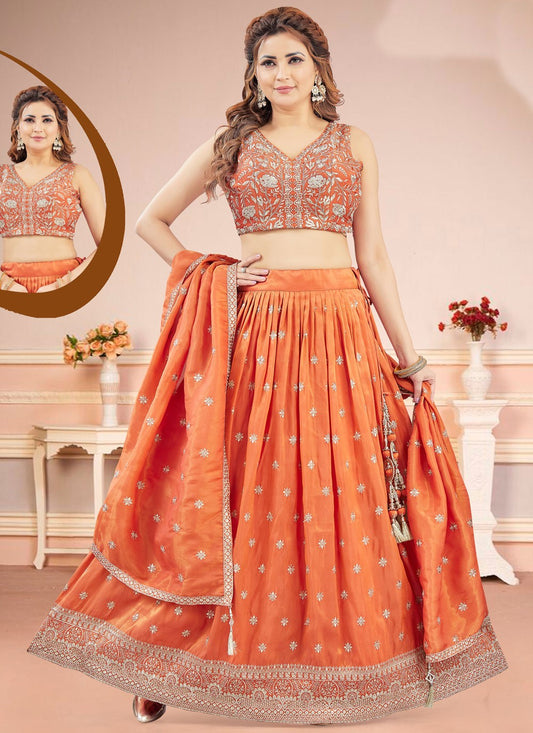 Embroidered Silk Orange Lehenga Choli L3465