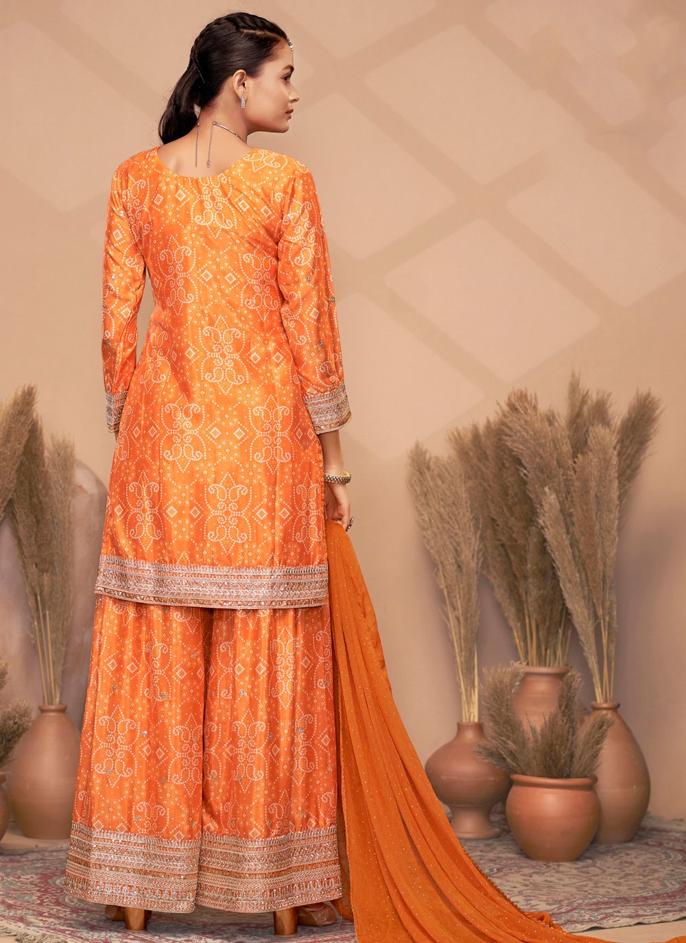 Digital Print Chinon Orange Salwar Suit T5970