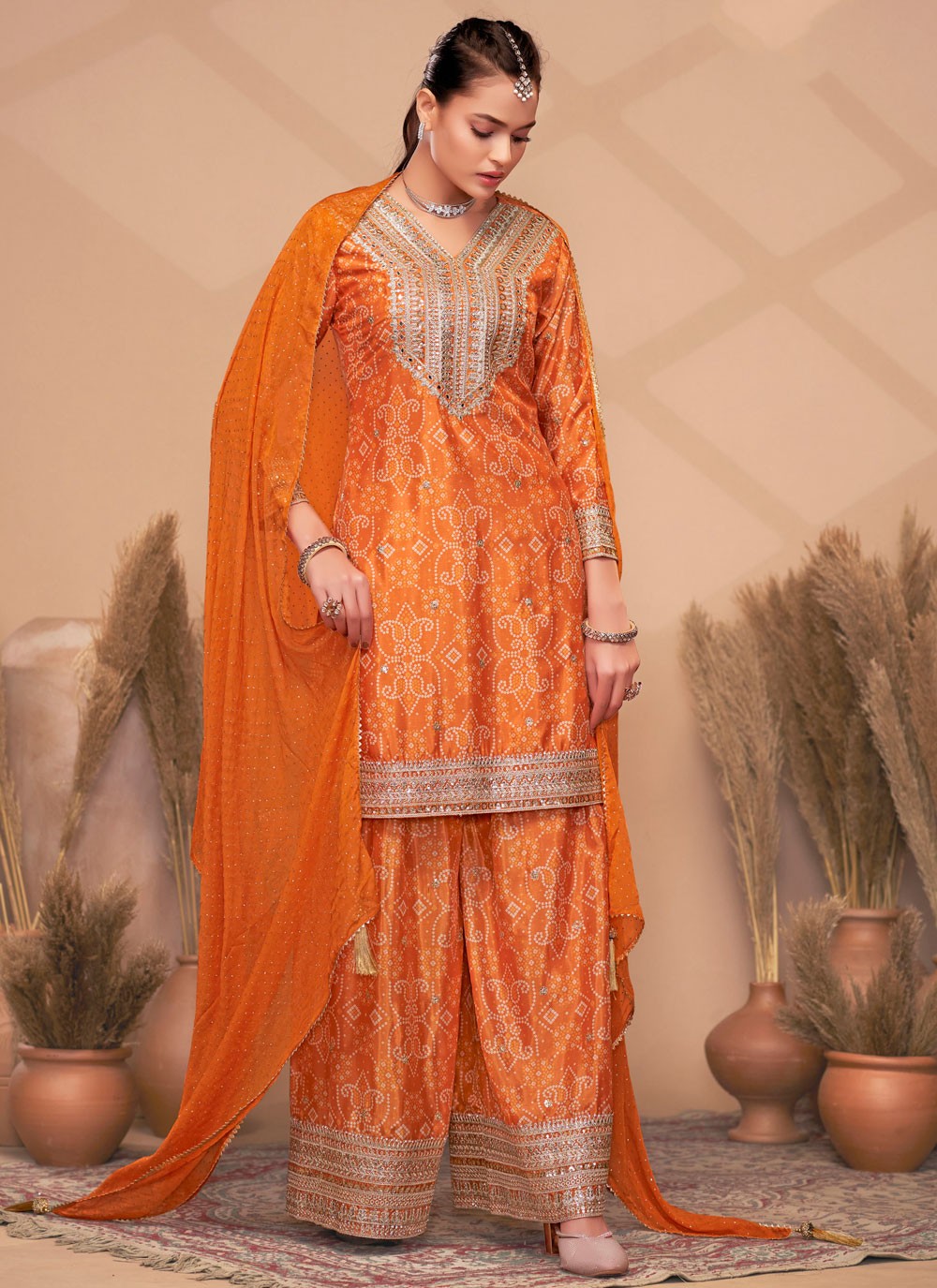 Digital Print Chinon Orange Salwar Suit T5970