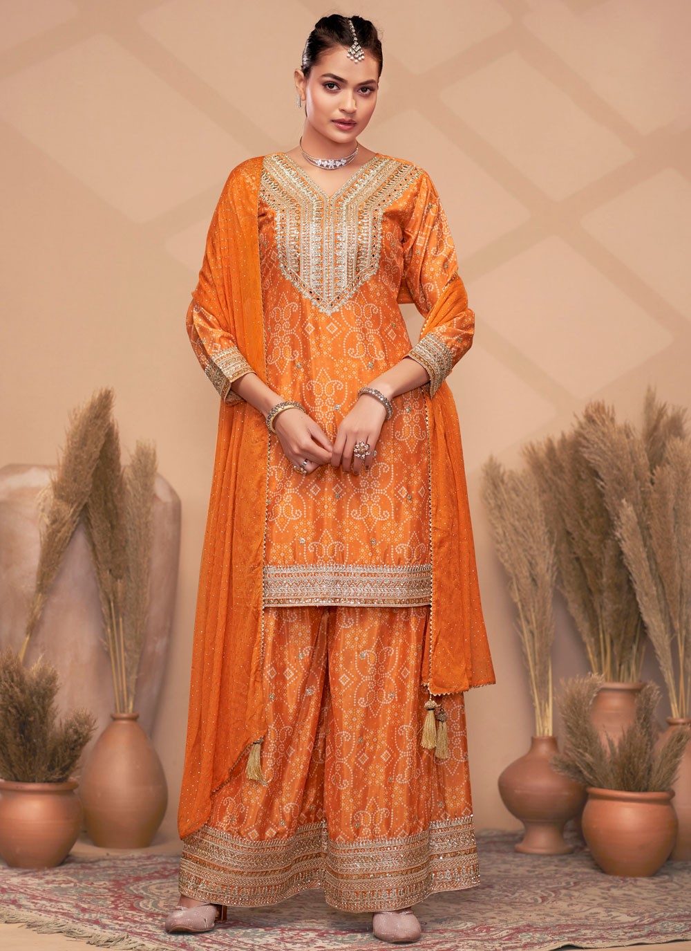 Digital Print Chinon Orange Salwar Suit T5970