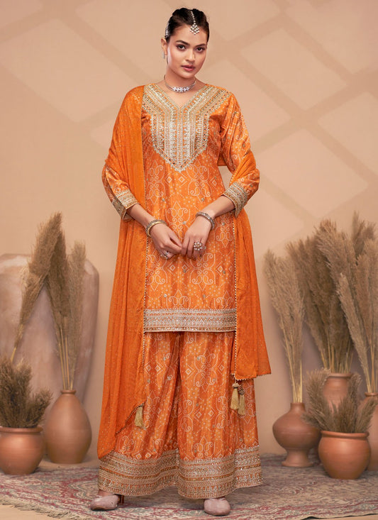Digital Print Chinon Orange Salwar Suit T5970