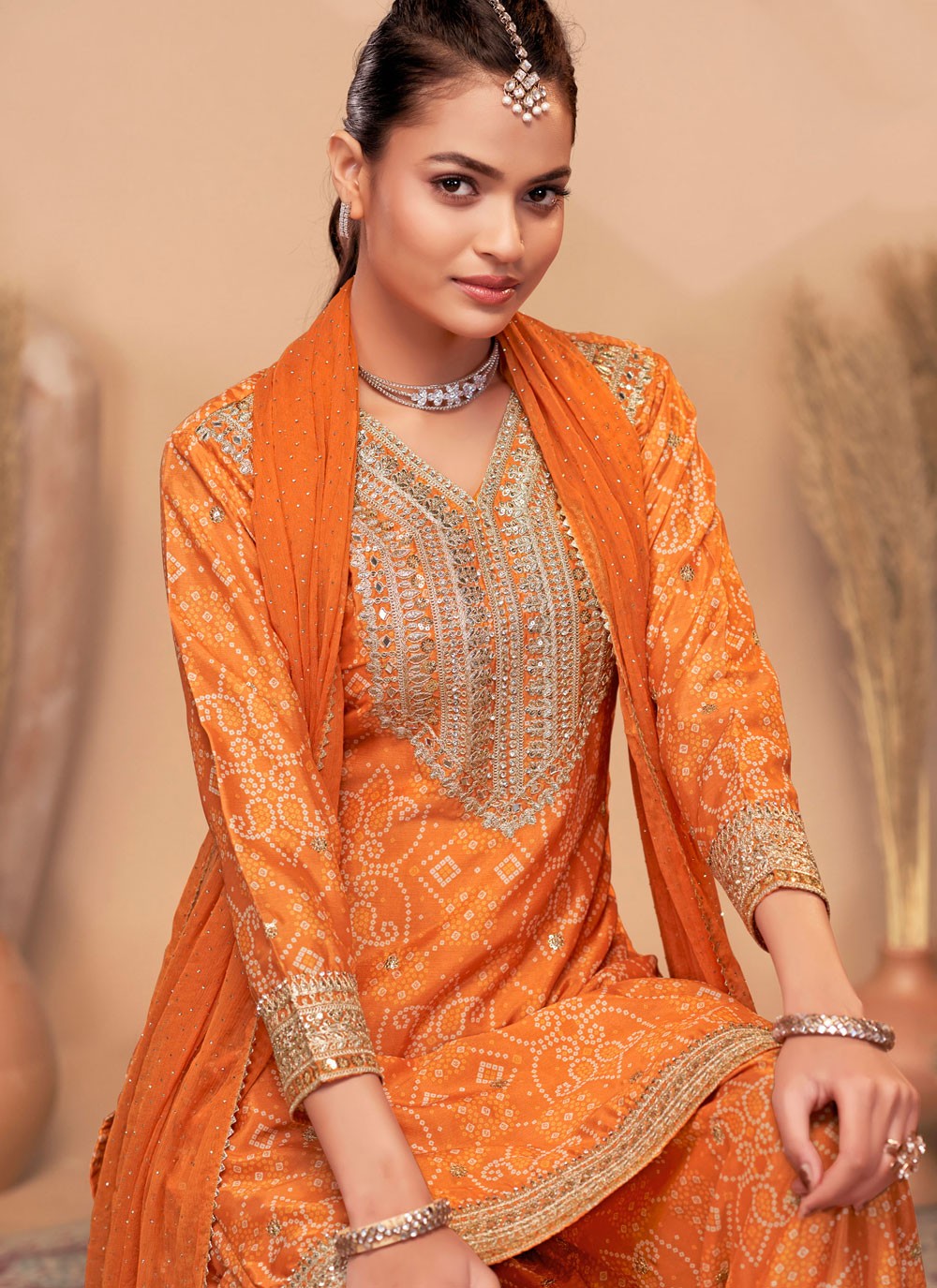 Digital Print Chinon Orange Salwar Suit T5970