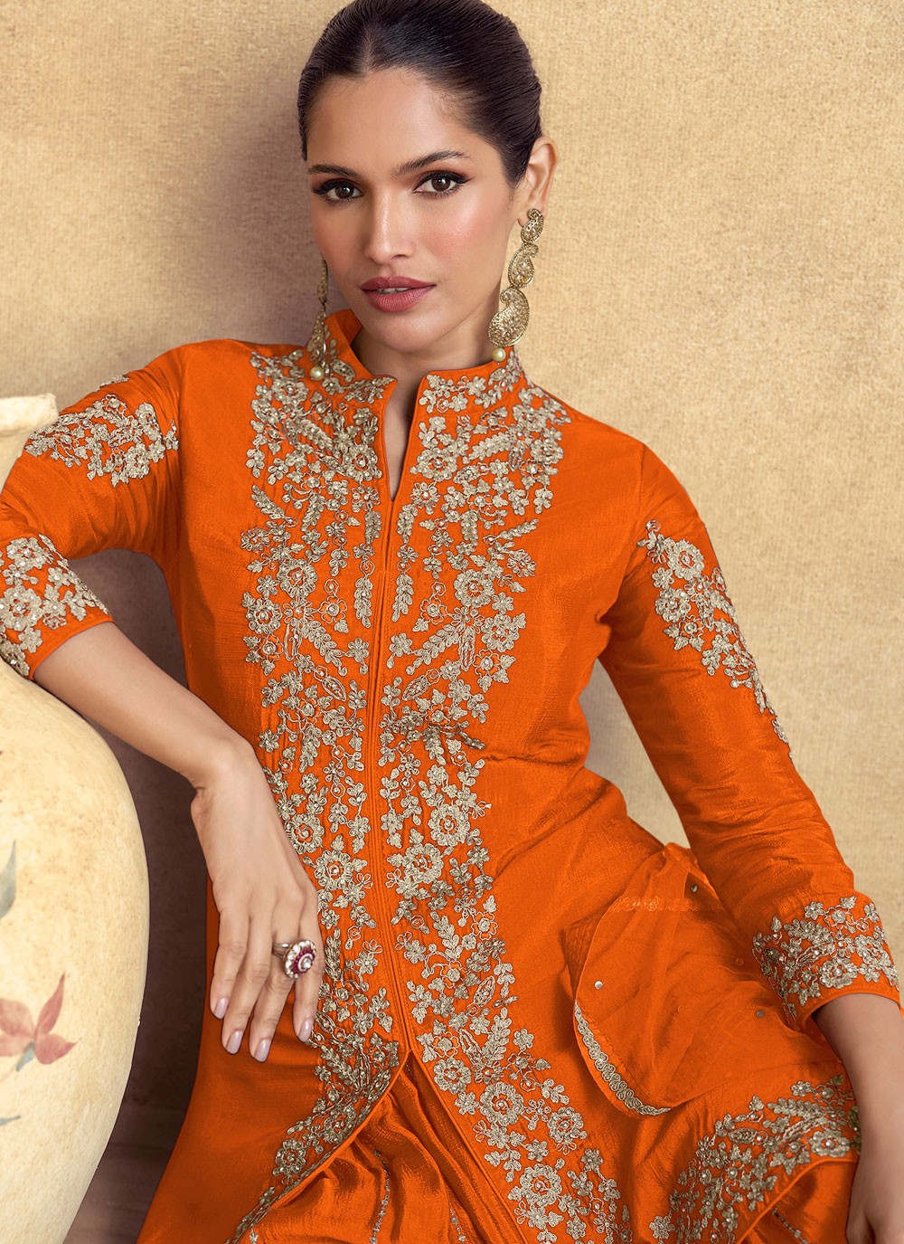 Salwar Suit Embroidered Orange Chinon T5770