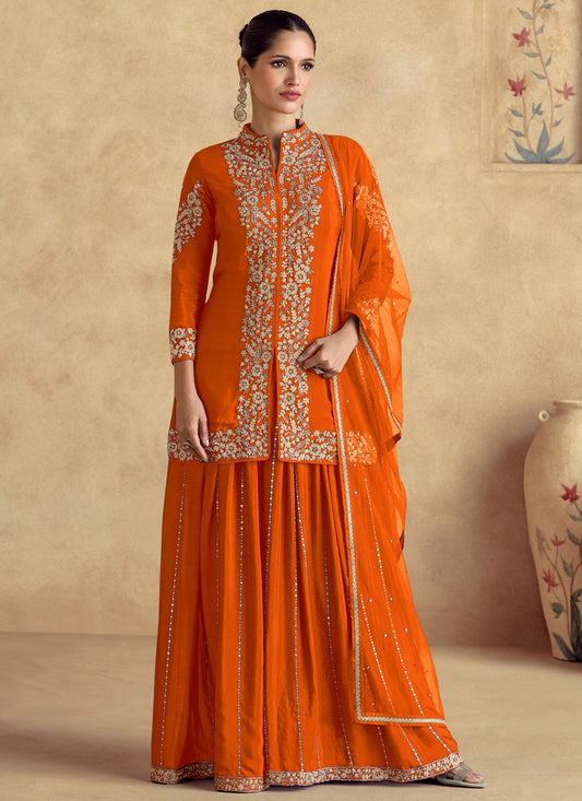 Salwar Suit Embroidered Orange Chinon T5770