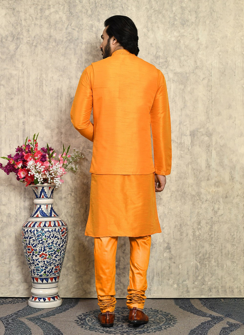 Embroidered Art Silk Orange Kurta Payjama With Jacket - M8008