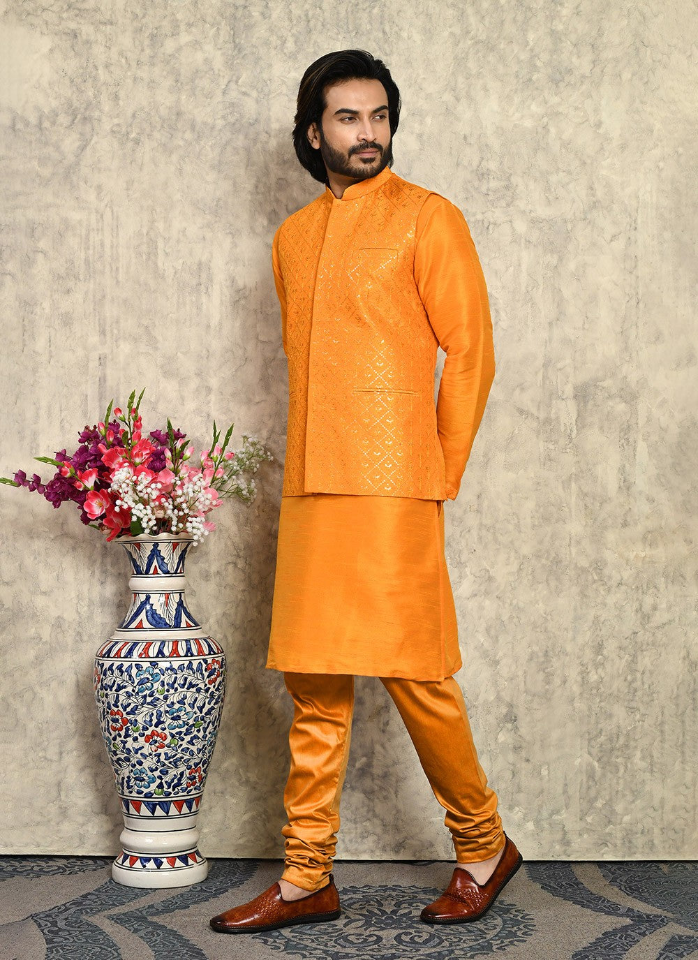 Embroidered Art Silk Orange Kurta Payjama With Jacket - M8008