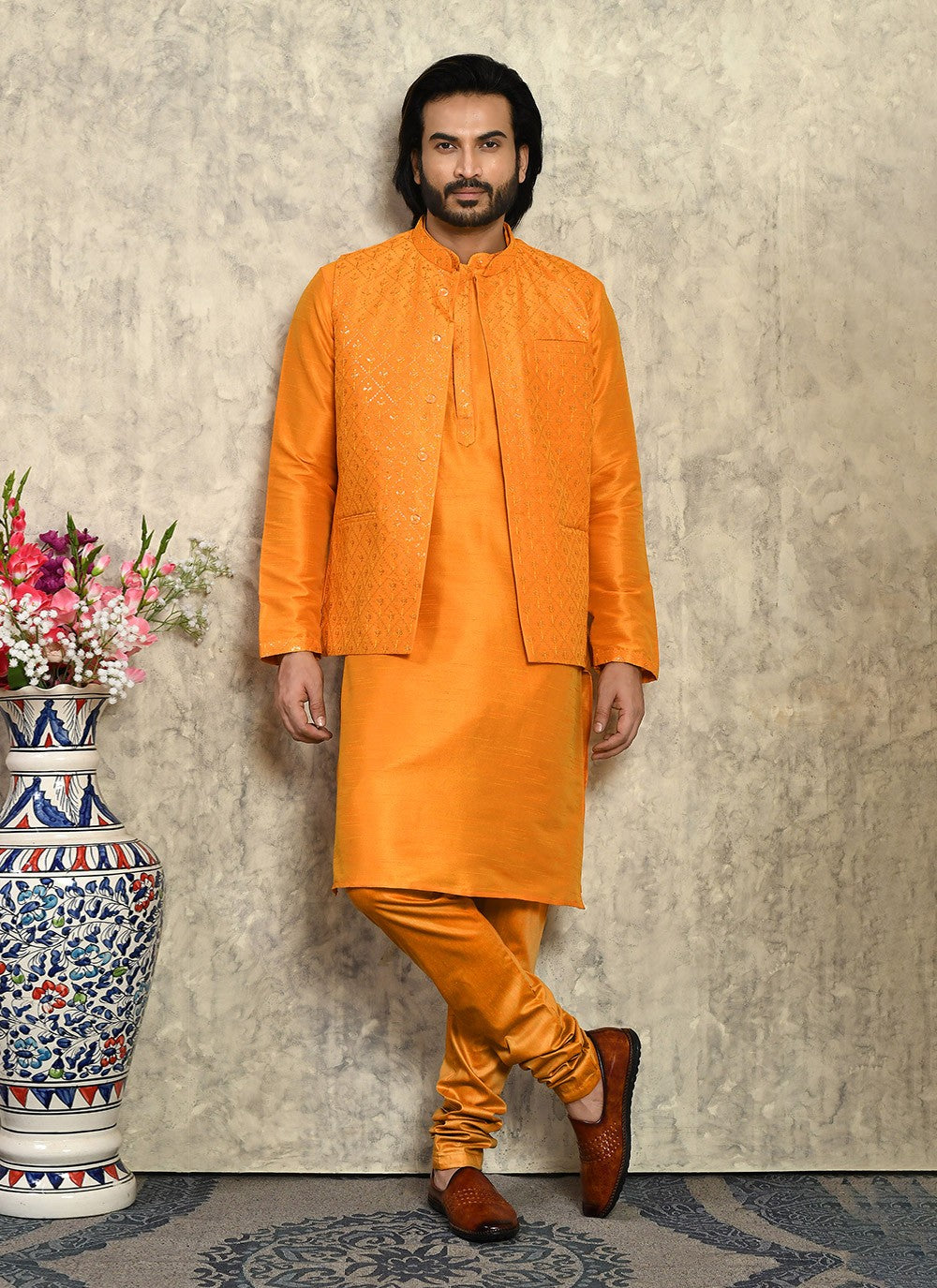 Embroidered Art Silk Orange Kurta Payjama With Jacket - M8008