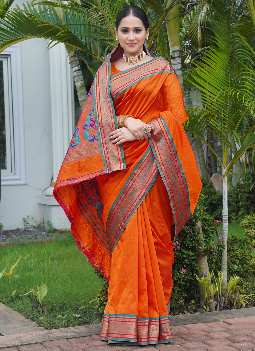 Contemporary Border Work Orange Silk Saree S12429