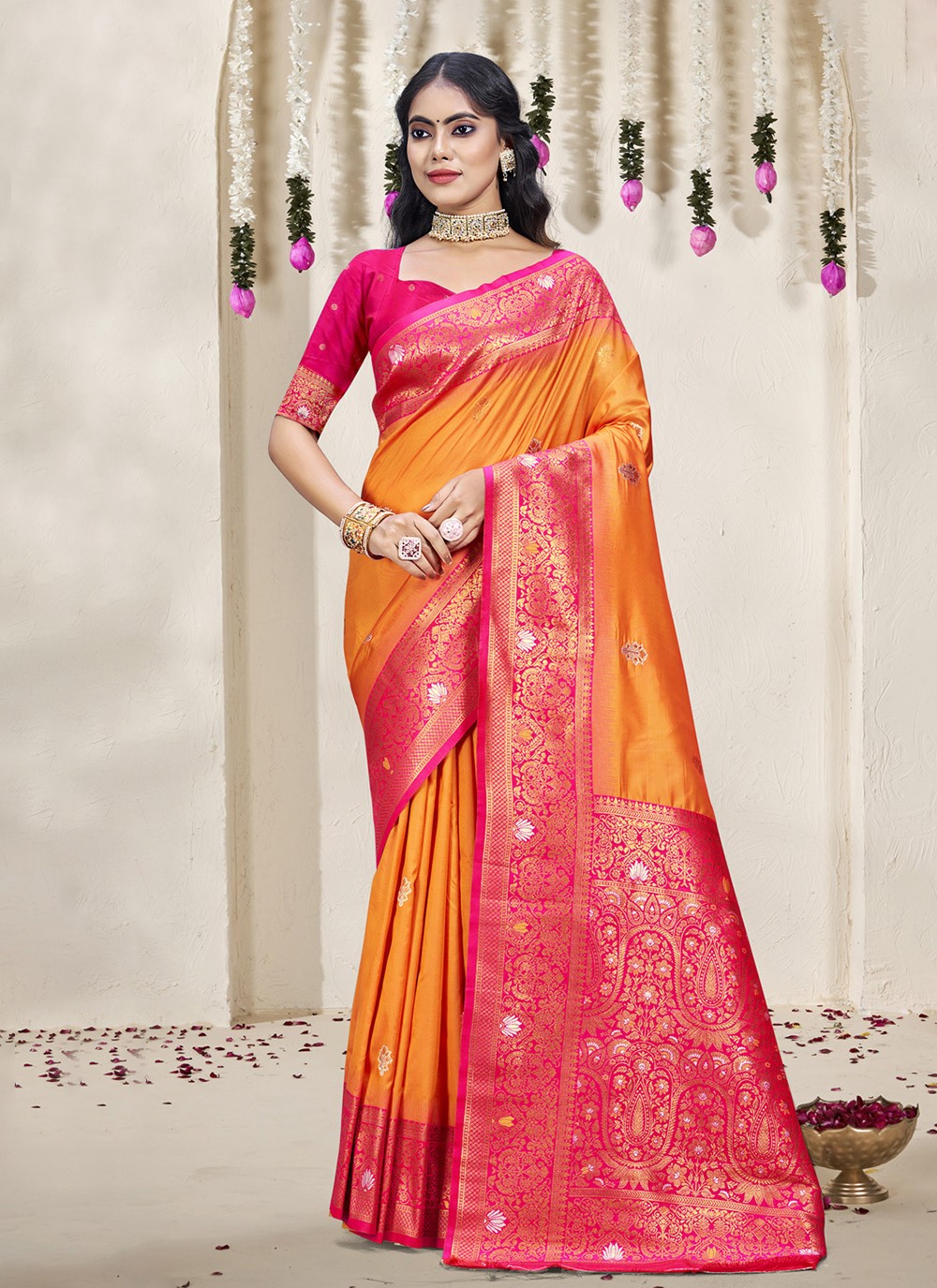 Contemporary Weaving Zari Silk Morpeach Saree - S11186