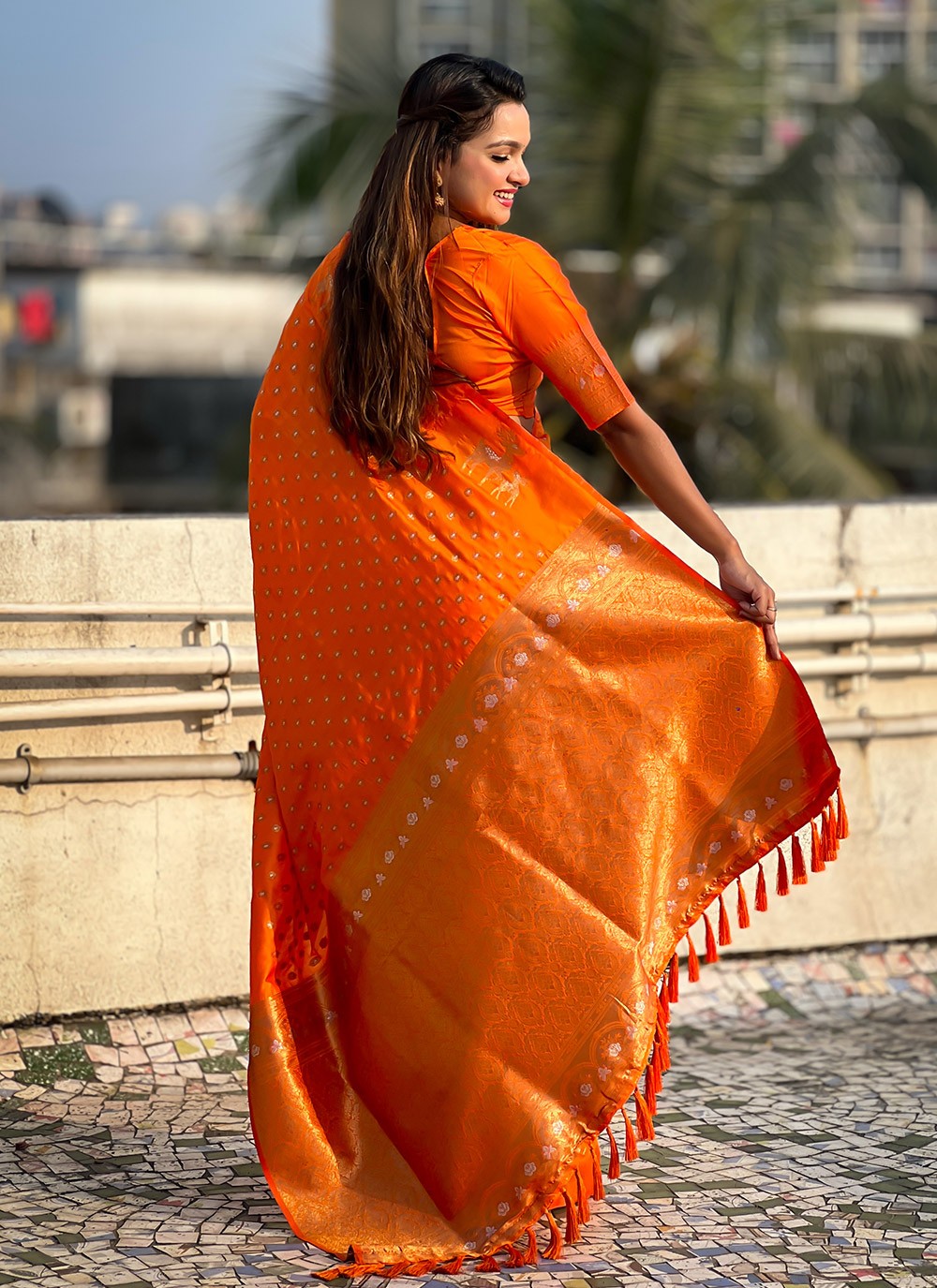 Contemporary Weaving Zari Orange Silk Saree S13157
