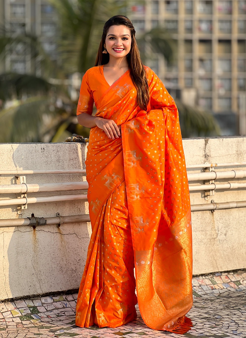 Contemporary Weaving Zari Orange Silk Saree S13157