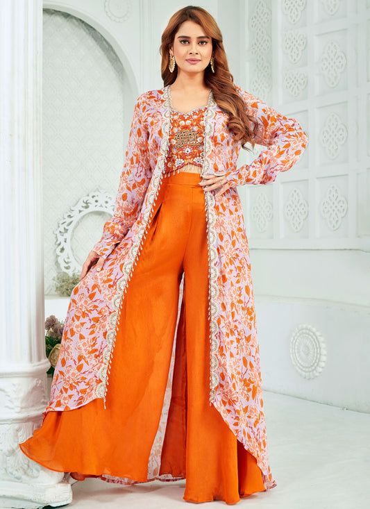 Palazzo Suit Embroidered Orange Silk T5880