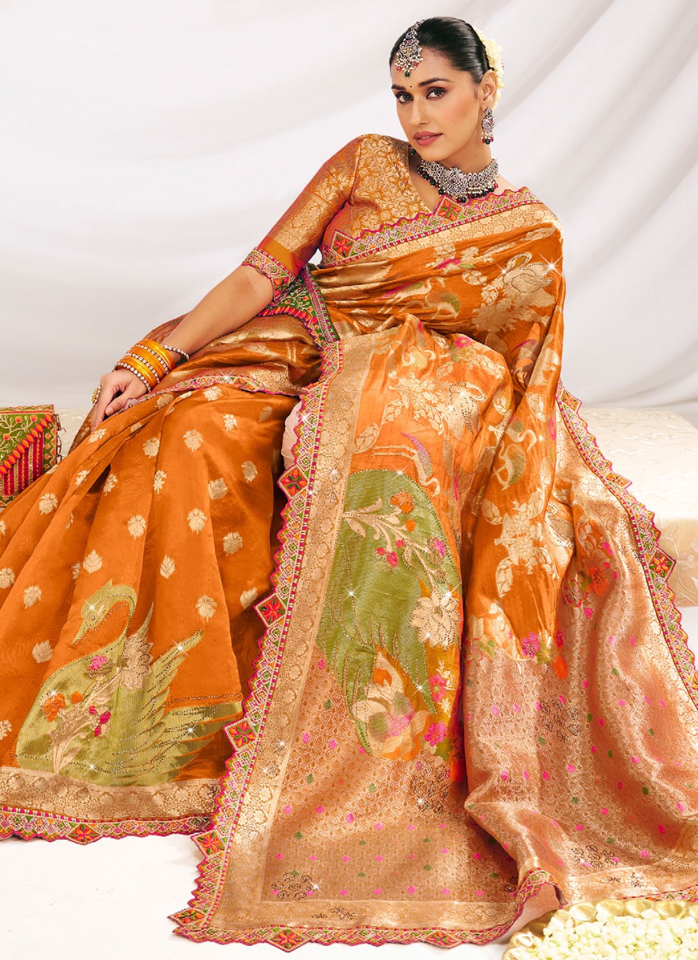 Orange Silk Contemporary Saree Fancy Work S19616