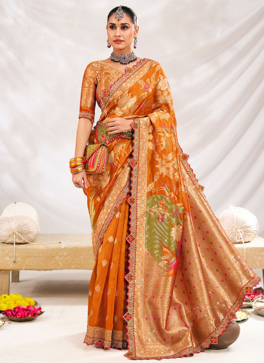 Orange Silk Contemporary Saree Fancy Work S19616