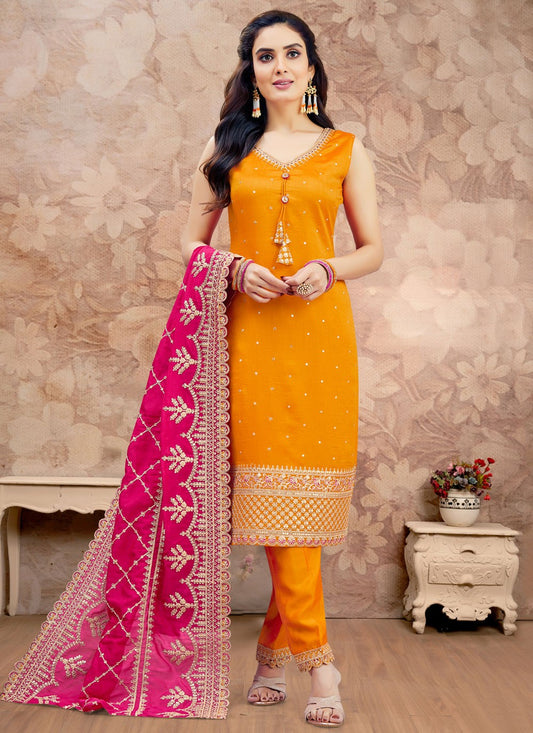 Pant Style Suit Embroidered, Sequins, Zari Orange T7587