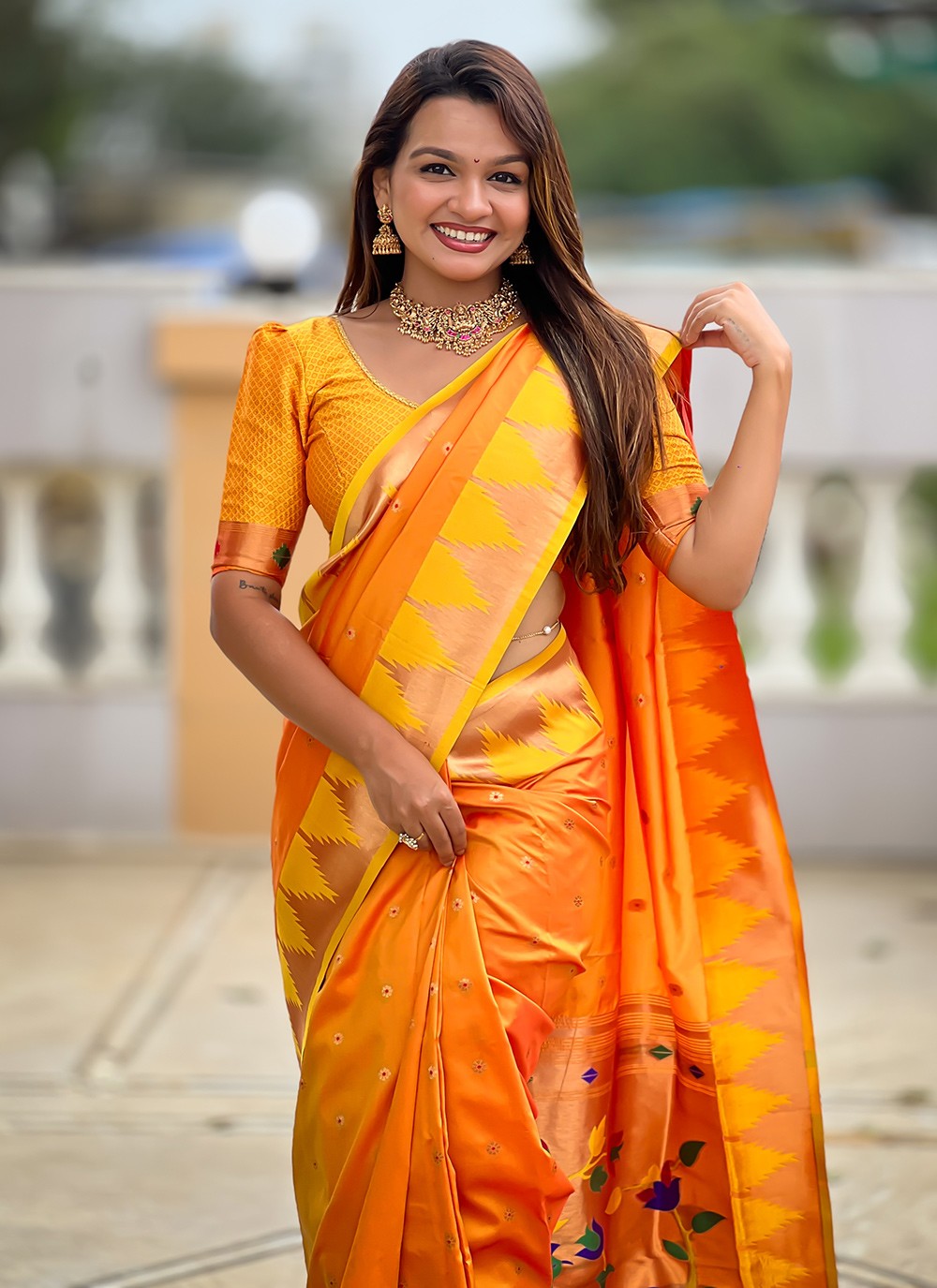 Orange Silk Trendy Saree Jacquard Work, Meenakari S18360
