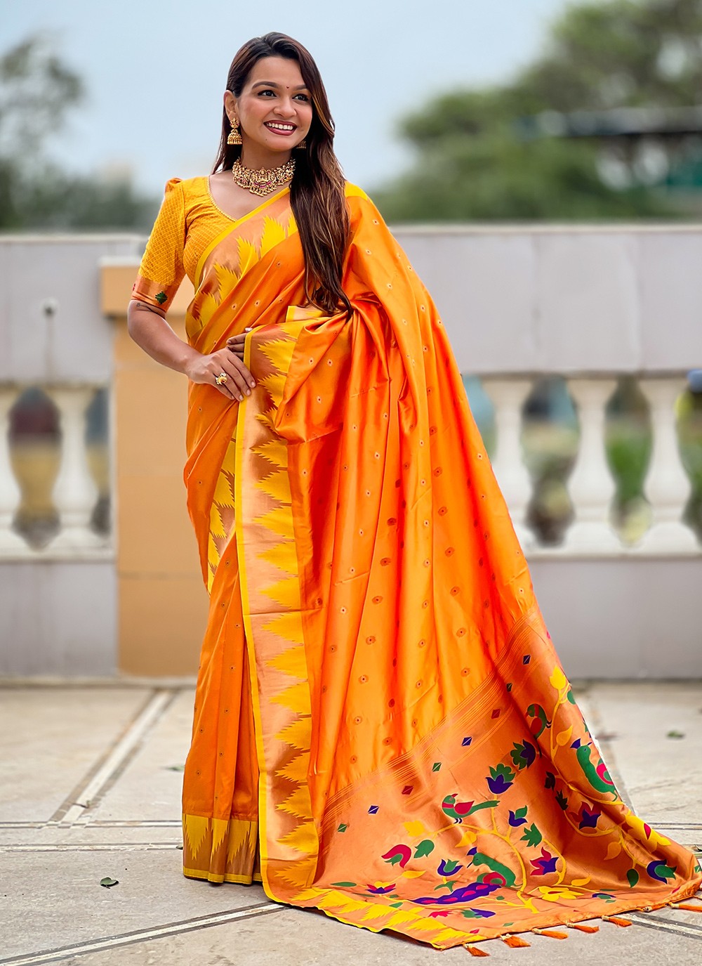 Orange Silk Trendy Saree Jacquard Work, Meenakari S18360