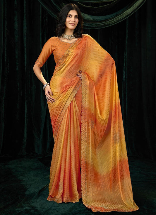 Orange Silk Classic Saree Beads, Border Work, Thread S19289