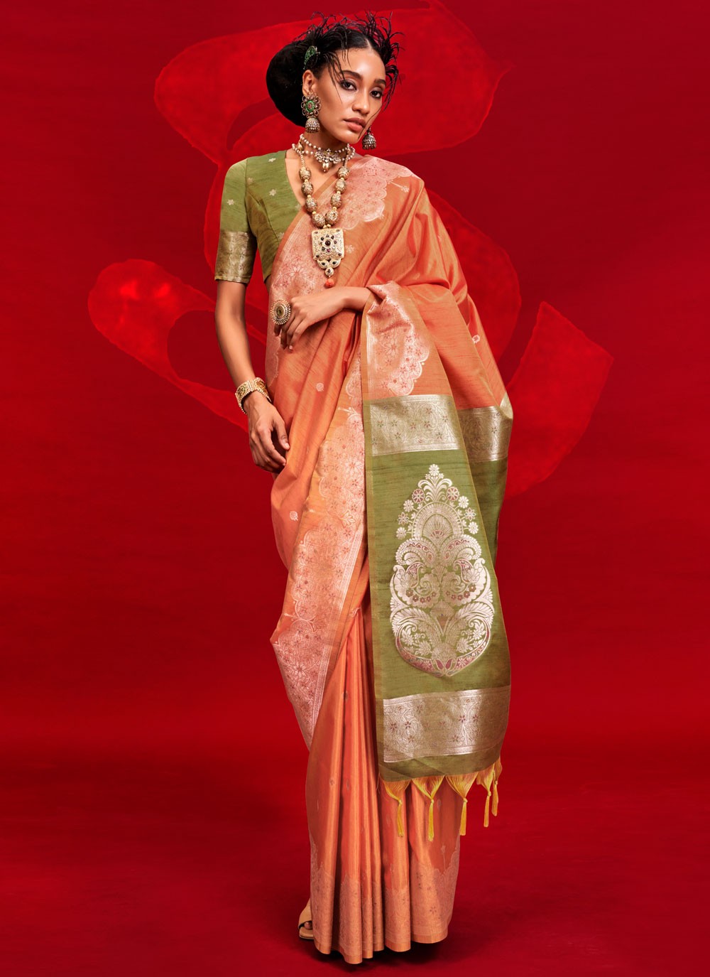 Trendy Saree Weaving Zari Orange Tussar Silk Saree S12990