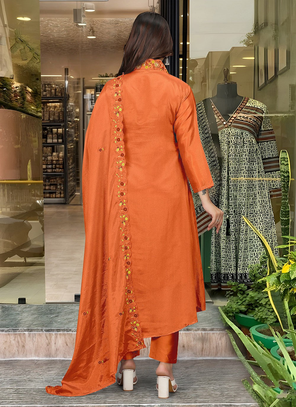 Embroidered Chinon Orange Salwar Suit T6407