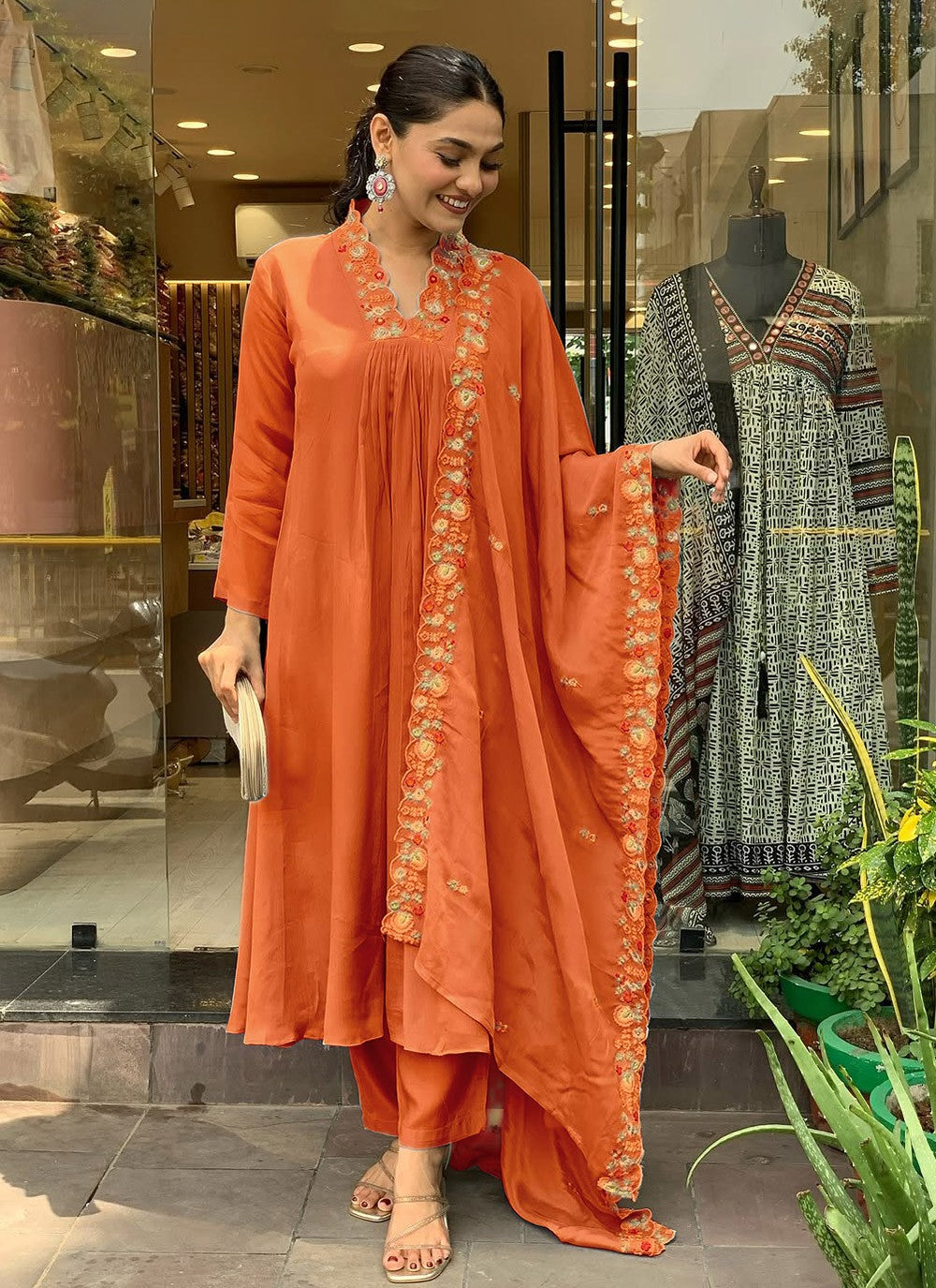 Embroidered Chinon Orange Salwar Suit T6407