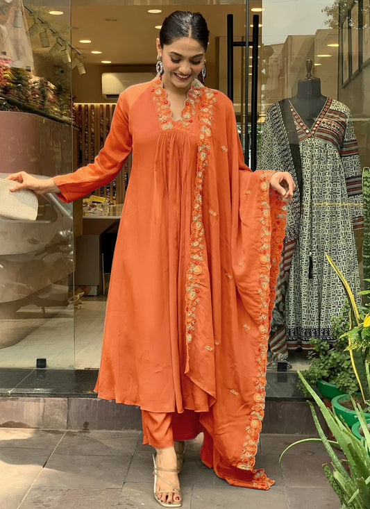 Embroidered Chinon Orange Salwar Suit T6407