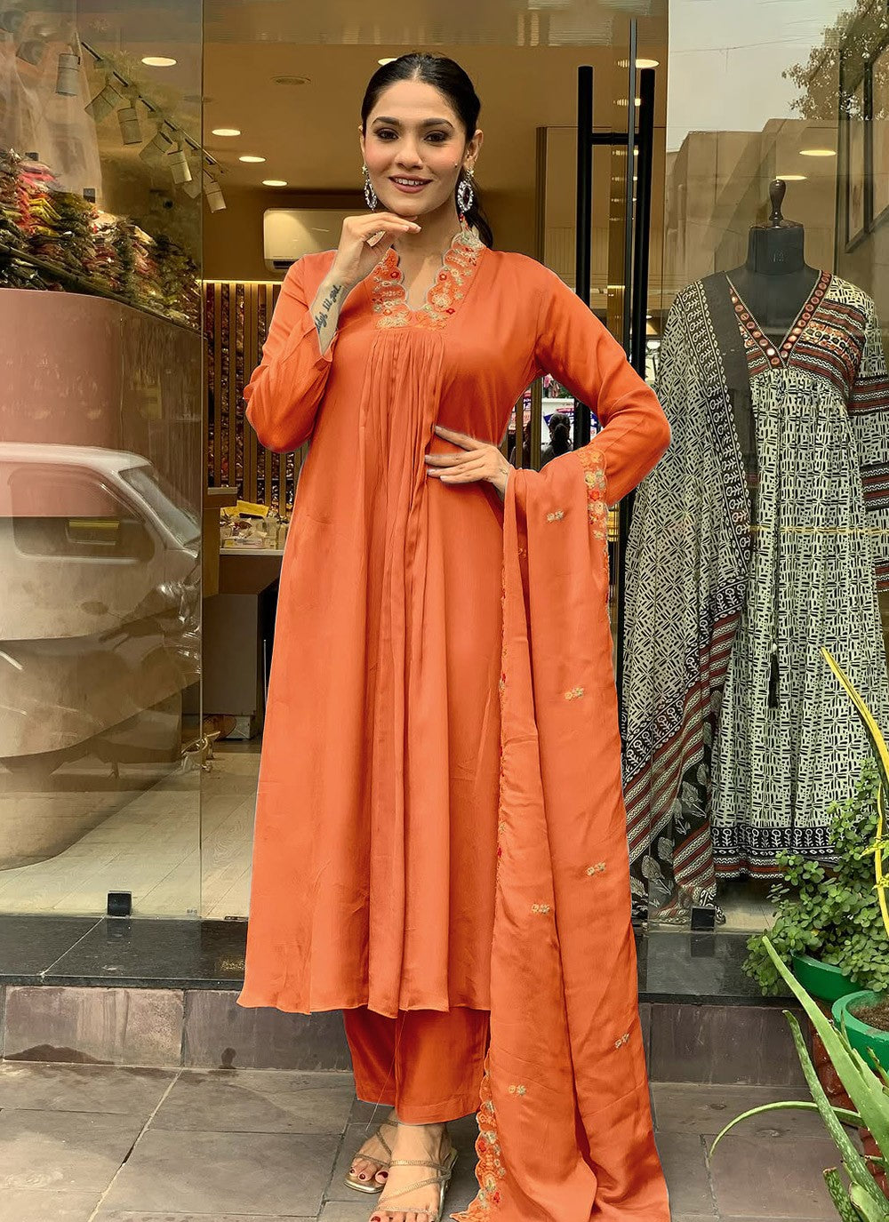 Embroidered Chinon Orange Salwar Suit T6407