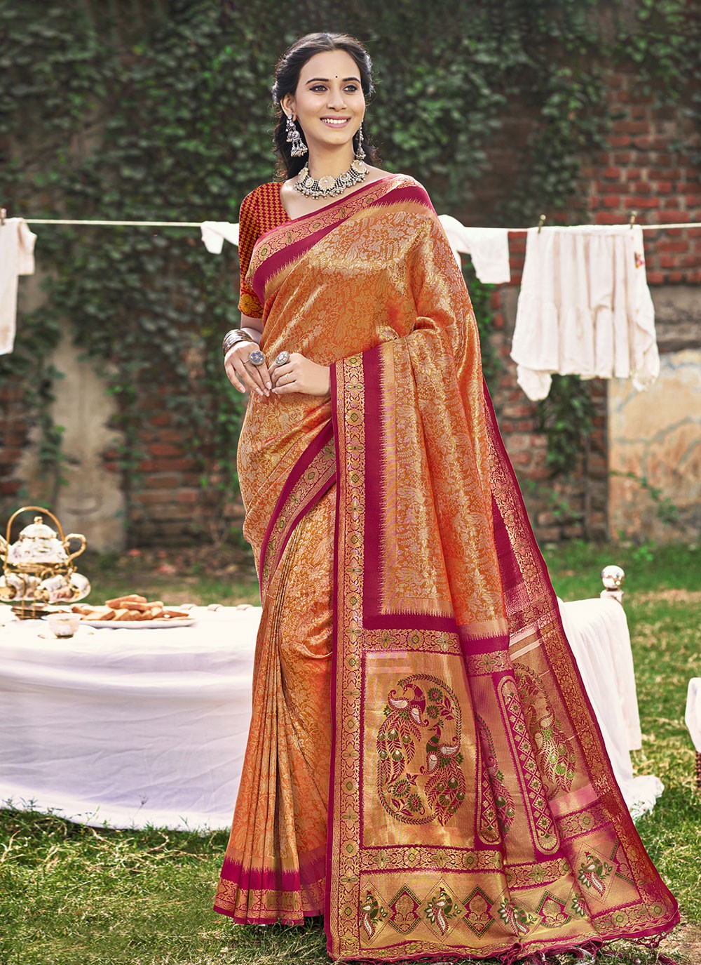 Contemporary Weaving Zari Orange Banarasi Silk S12763