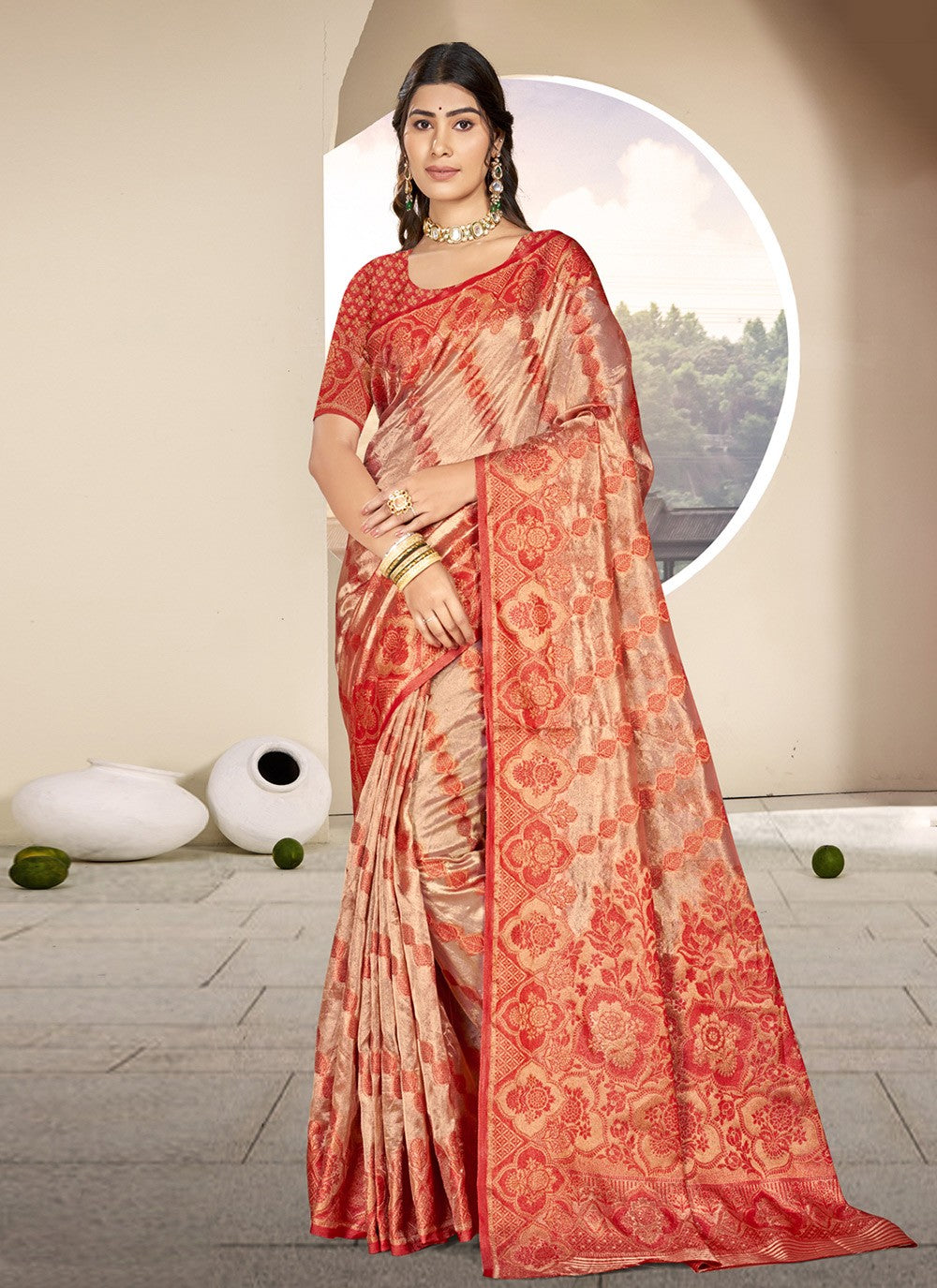 Weaving Zari Organza Orange Saree S14567
