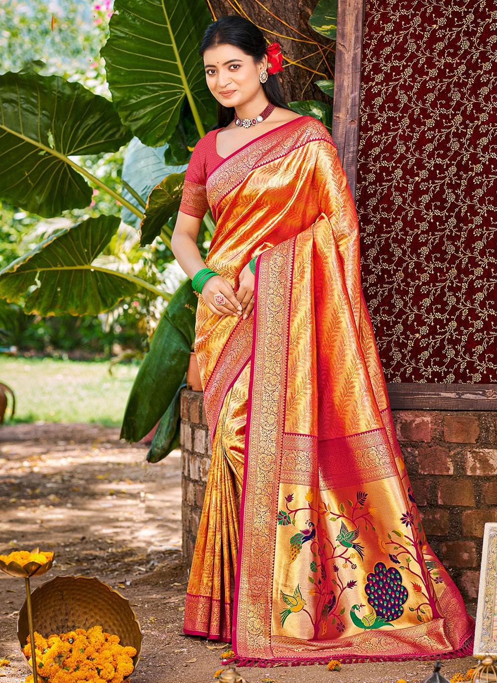 Orange Kanjivaram Silk Trendy Saree Weaving Zari S17765