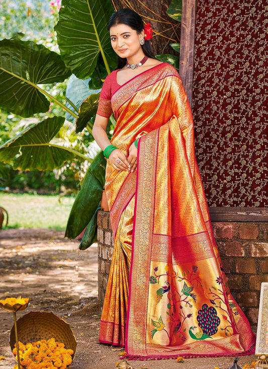 Orange Kanjivaram Silk Trendy Saree Weaving Zari S17765