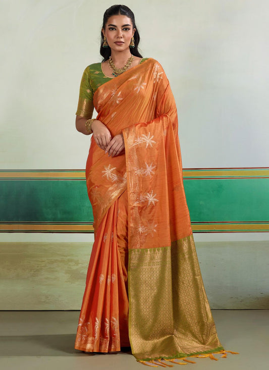 Orange Tussar Silk Contemporary Saree Weaving Zari S19739