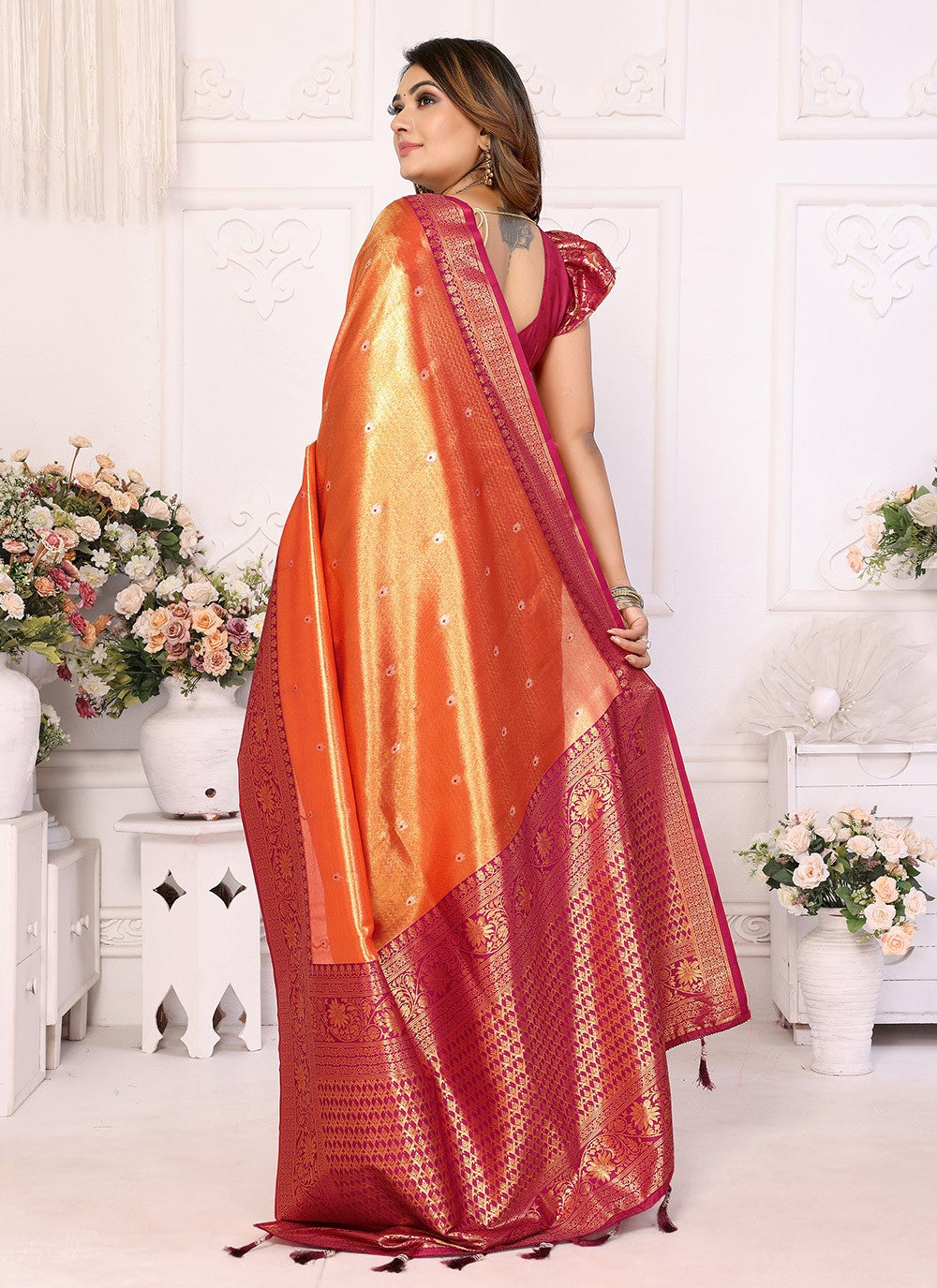 Woven Banarasi Silk Orange Saree S14684