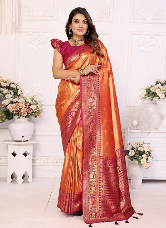 Woven Banarasi Silk Orange Saree S14684