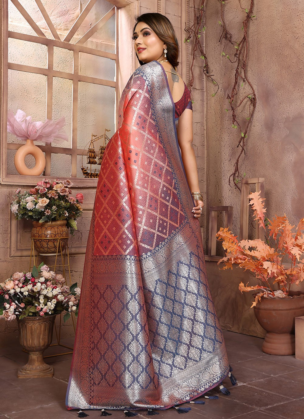 Woven Silk Orange Saree S14644