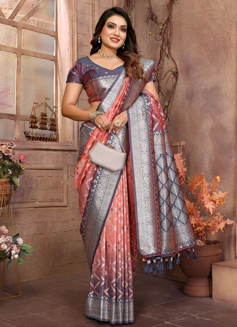 Woven Silk Orange Saree S14644