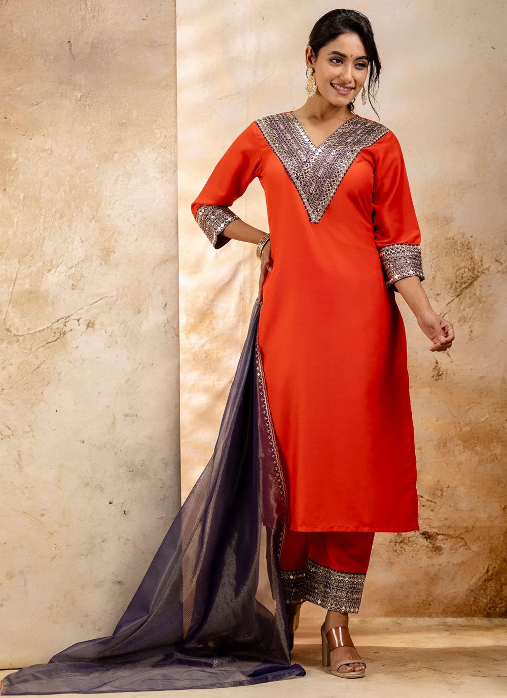 Embroidered Rayon Orange Salwar Suit T6006