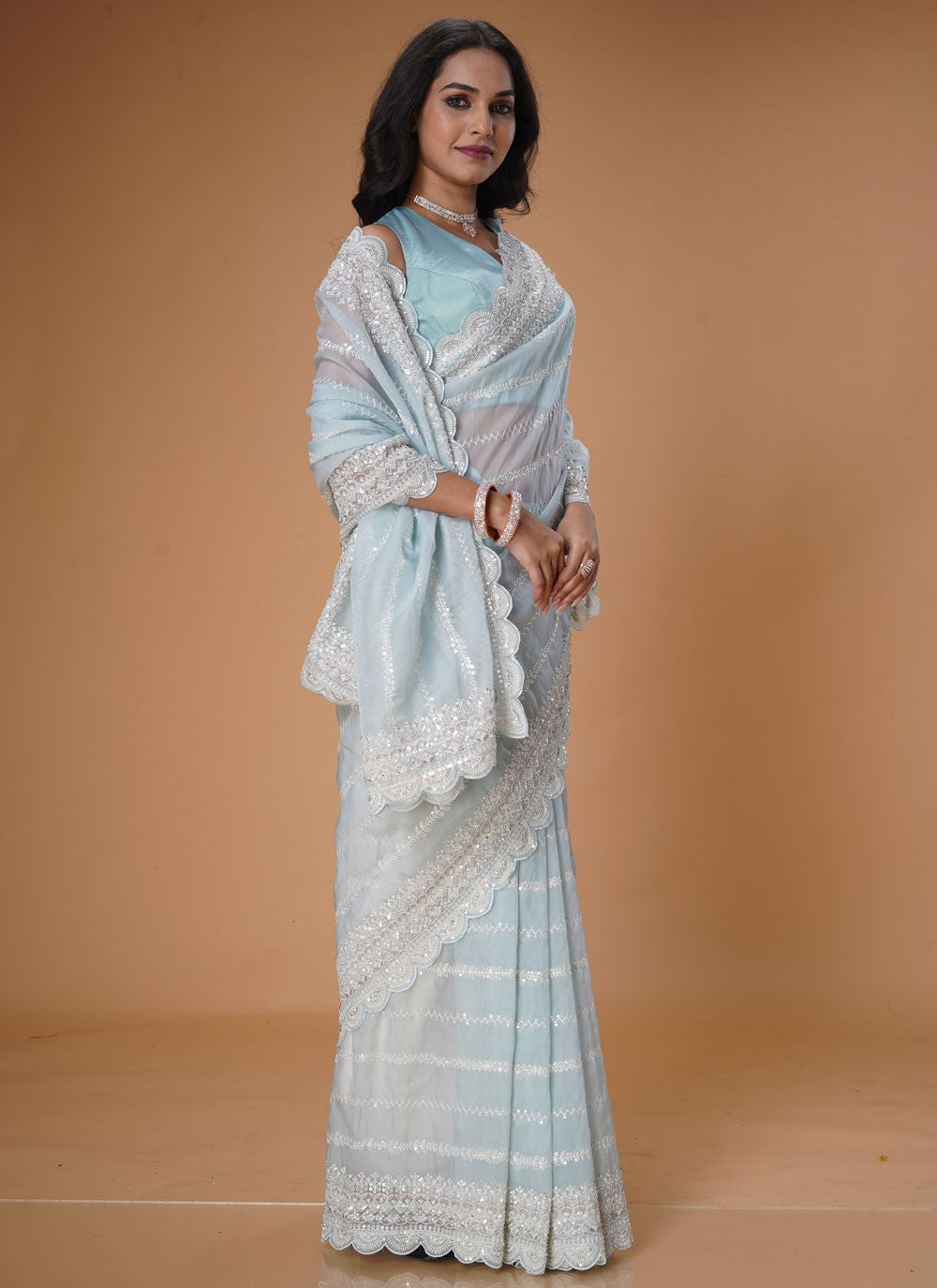 Cut Work Organza Aqua Blue Contemporary Saree S15485