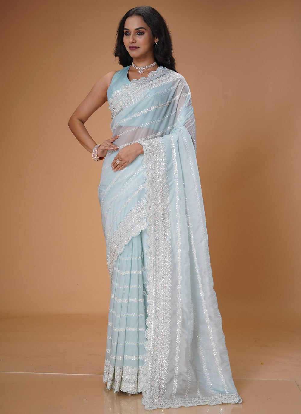 Cut Work Organza Aqua Blue Contemporary Saree S15485